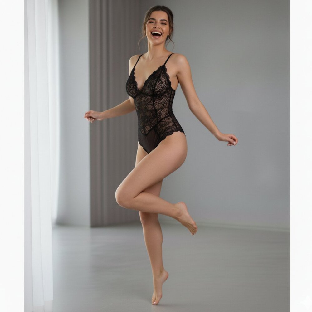 V-Neck Sheer Floral Lace Sexy Lingerie One Piece